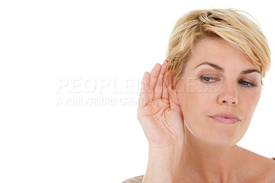 Buy stock photo Ear, hand and woman with secret in a studio with mockup space for advertising or marketing. Gossip, communication and female person with listening gesture isolated by white background with mock up.