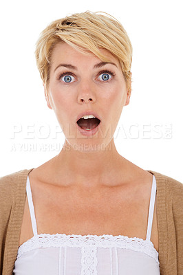 Buy stock photo A surprised young woman looking aghast while isolated on a white background