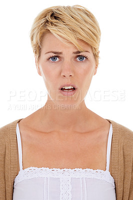 Buy stock photo Shocked woman, portrait and disappointed for news, unfair or failure on a white studio background. Face of female person, model or blonde and facial expression or emotion in concern, worry or trouble