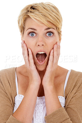 Buy stock photo Woman, portrait and face in surprise for news, notification or alert isolated on a white studio background. Female person, model or blonde in shock or facial expression with hands on cheek for gossip