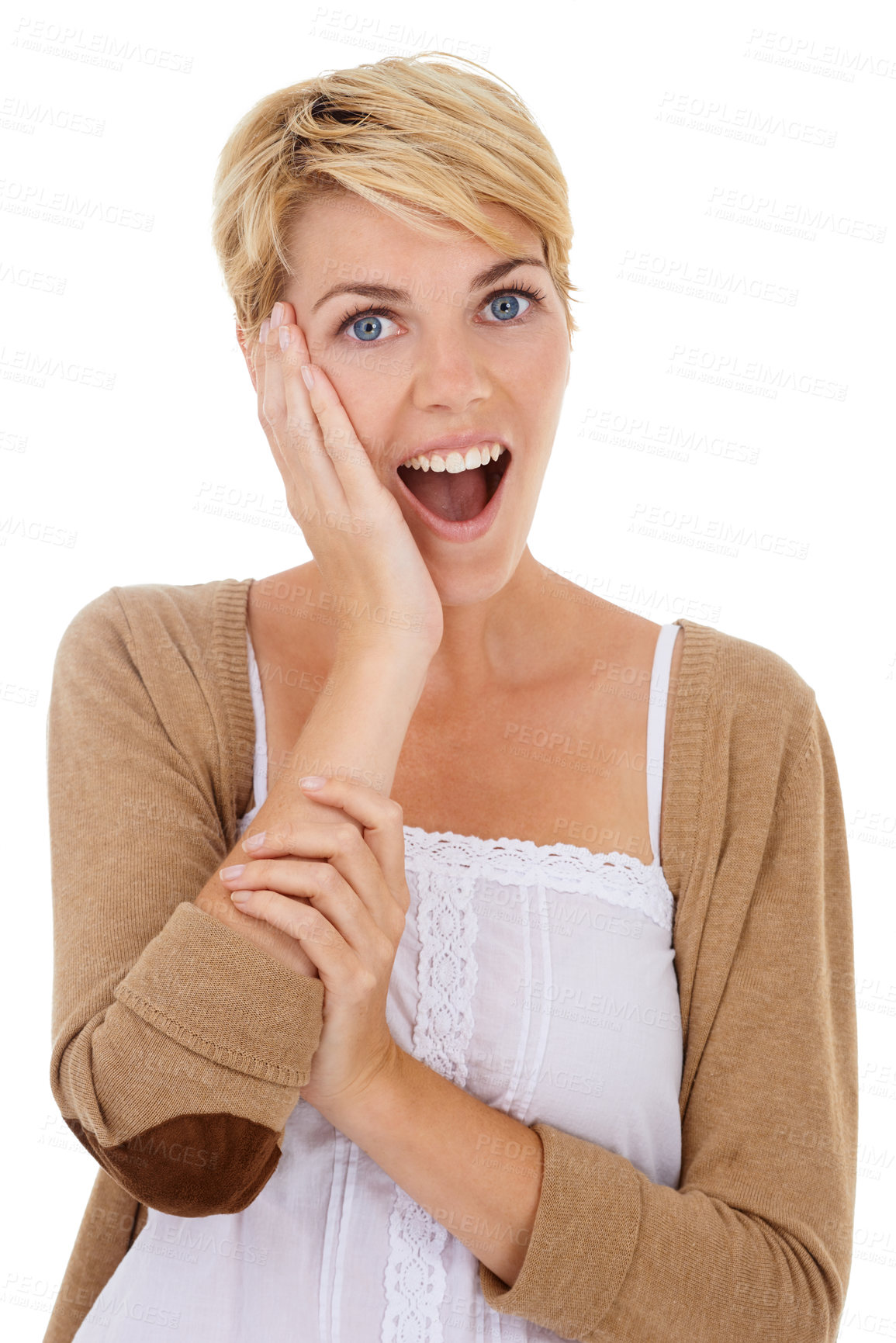 Buy stock photo Happy woman, portrait and face in surprise for notification, news or alert on a white studio background. Female person, model or blonde in shock or facial expression with hands on cheek for gossip