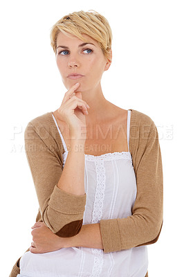 Buy stock photo Woman, face and thinking for decision, selection or choice isolated on a white studio background. Female person, model or blonde in wonder or thought for pick, choose or solution on mockup space