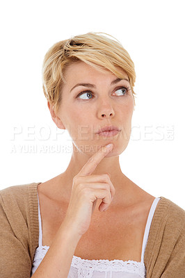 Buy stock photo Woman, face and thinking for choice, selection or decision isolated on a white studio background. Female person, model or blonde in wonder or thought for pick, choose or solution on mockup space