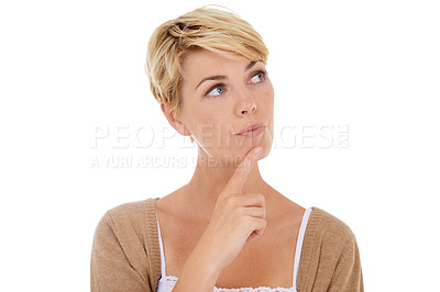 Buy stock photo Woman, face and thinking for choice, option or decision isolated on a white studio background. Young female person, model or blonde in wonder or thought for idea, pick or selection on mockup space