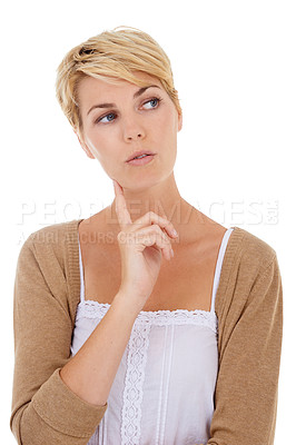 Buy stock photo Woman, face and thinking for choice, decision or option isolated on a white studio background. Young female person, model or blonde in wonder or thought for idea, pick or selection on mockup space