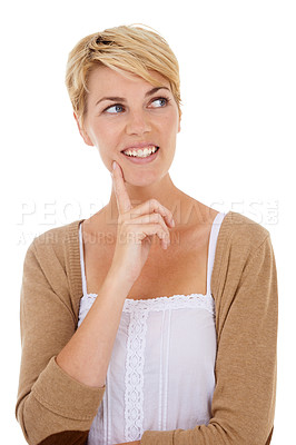 Buy stock photo Happy woman, face and thinking for idea, choice or decision isolated on a white studio background. Female person, model or blonde smile in wonder or thought for brainstorming or positive mindset