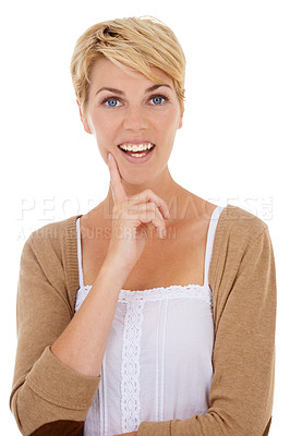 Buy stock photo Happy woman, face and thinking with idea for decision or option isolated on a white studio background. Young female person, model or blonde in wonder or thought for mindset or selection on mockup