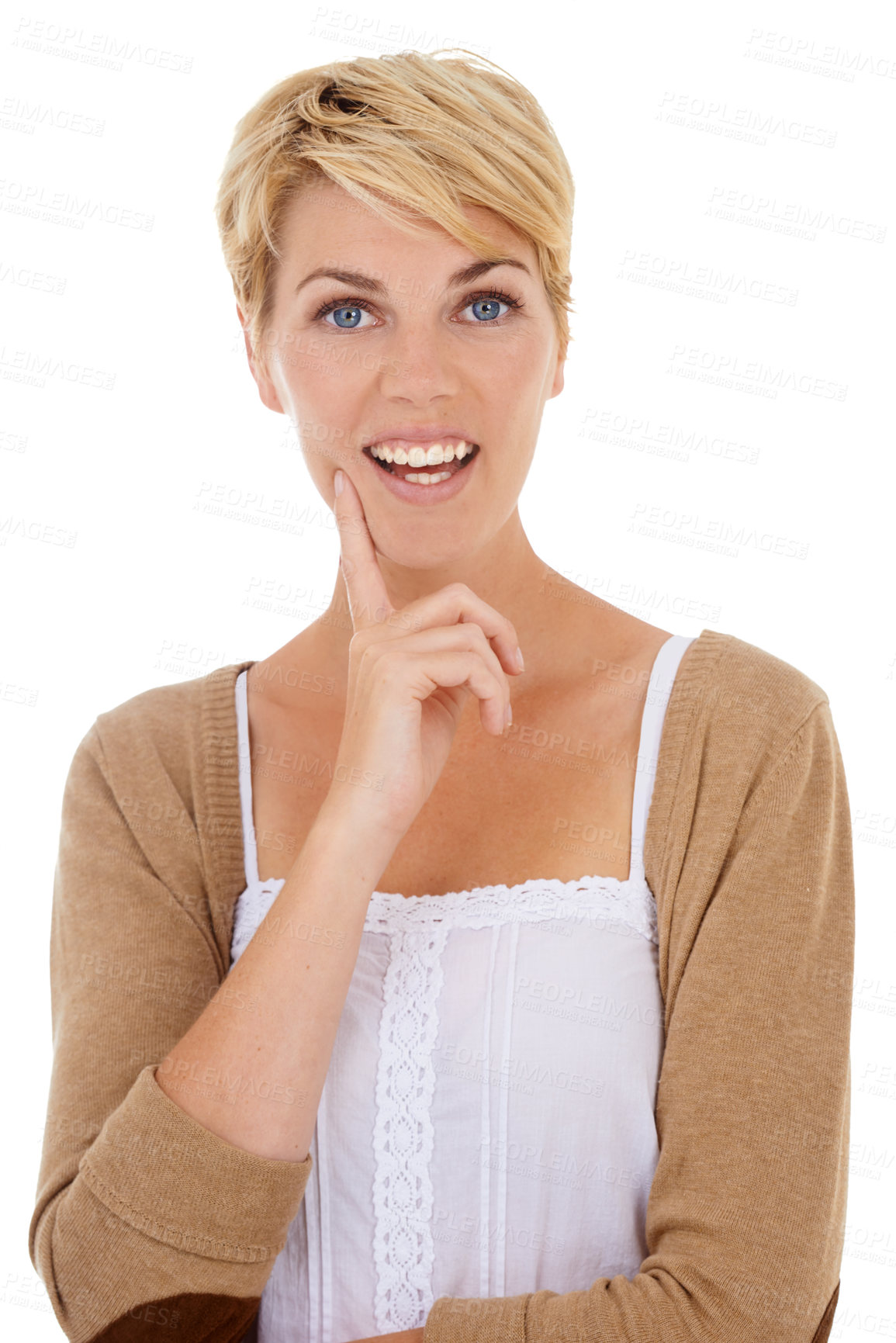 Buy stock photo Happy woman, face and thinking with idea for decision or option isolated on a white studio background. Young female person, model or blonde in wonder or thought for mindset or selection on mockup