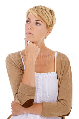 Buy stock photo Woman, face and thinking for decision, option or choice isolated on a white studio background. Young female person, model or blonde in wonder or thought for idea, picking or selection on mockup space