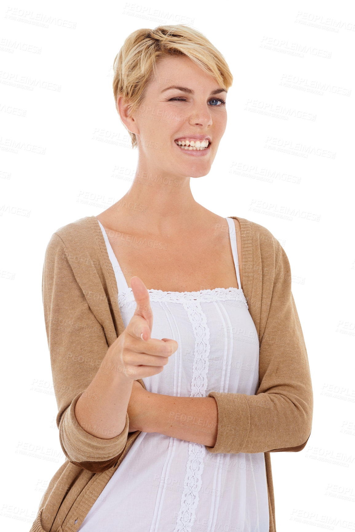 Buy stock photo Happy woman, portrait and pointing to you in fashion for selection or choice on a white studio background. Face of young female person, model or blonde with target finger for good job, ok or spot on