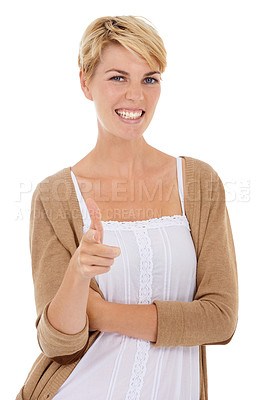 Buy stock photo Happy woman, portrait and pointing to you for selection, choice or decision on a white studio background. Face of young female person, model or blonde with target finger for good job, ok or spot on