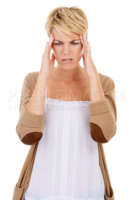 Buy stock photo Frustrated woman, headache and mistake in burnout, anxiety or mental health on a white studio background. Tired or fatigue young female person with migraine in stress or depression or breakdown