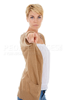 Buy stock photo Woman, portrait and pointing to you for selection, choice or decision on a white studio background. Face of young serious female person, model or blonde with target finger for picking or choosing
