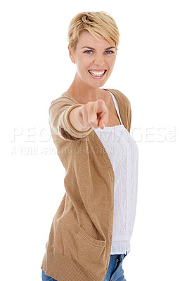 Buy stock photo Happy woman, portrait and pointing to you for pick, choice or decision on a white studio background. Face of young female person, model or blonde smile with target finger for selection or choosing