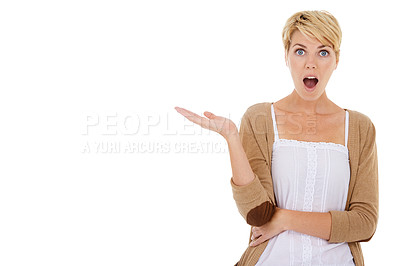 Buy stock photo Woman, portrait and surprise with palm on mockup space for advertising on a white studio background. Female person or blonde in shock, fashion or casual clothing for deal, marketing or special offer