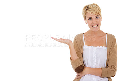 Buy stock photo Happy woman, portrait and palm on mockup space for advertising on a white studio background. Female person, model or blonde smile in fashion or casual clothing for deal, marketing or special offer