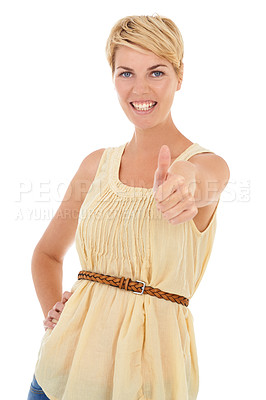 Buy stock photo Happy woman, portrait and thumbs up for good job, winning or success on a white studio background. Female person, model or blonde smile with like emoji, yes sign or OK for approval, fashion or style