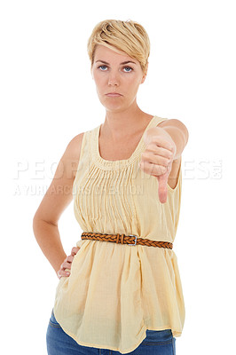 Buy stock photo Frustrated woman, portrait and thumbs down for wrong, no or negative on a white studio background. Upset or disappointed female person, model or blonde with emoji, sign or disagree on mockup space