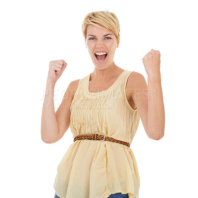 Buy stock photo Happy woman, portrait and fist pump in celebration for winning or good news on a white studio background. Young female person, model or blonde smile for achievement, promotion or deal on mockup space