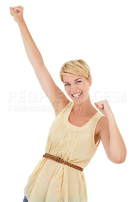Buy stock photo Happy woman, portrait and fist pump for winning, good news or celebration on a white studio background. Young female person, model or blonde smile for achievement, promotion or deal on mockup space