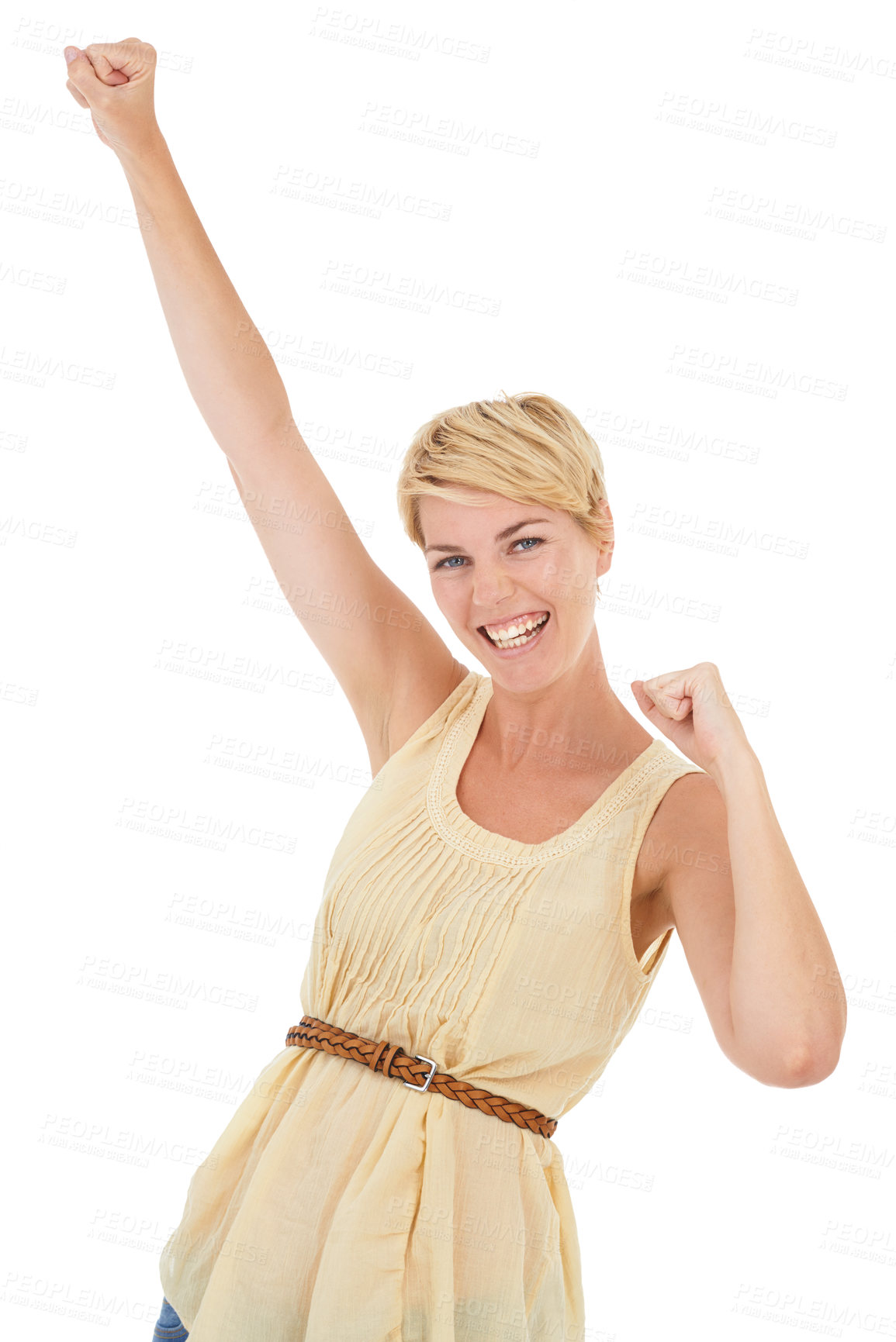 Buy stock photo Happy woman, portrait and fist pump for winning, good news or celebration on a white studio background. Young female person, model or blonde smile for achievement, promotion or deal on mockup space