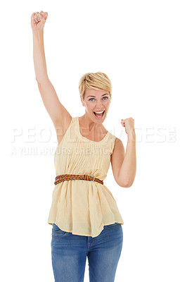 Buy stock photo Happy woman, portrait and fist pump for winning, promotion or good news on a white studio background. Young female person, model or blonde smile for achievement, celebration or deal on mockup space