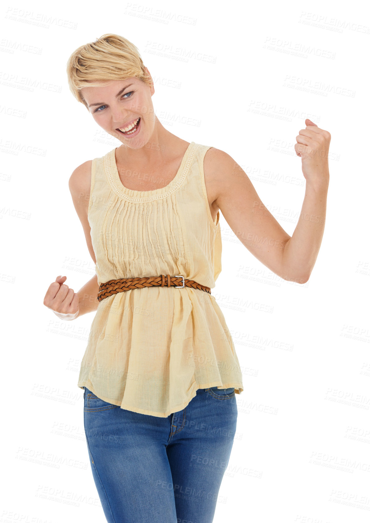 Buy stock photo Happy woman, fist pump and celebration in winning, promotion or good news on a white studio background. Young female person, model or blonde smile for achievement, success or deal on mockup space