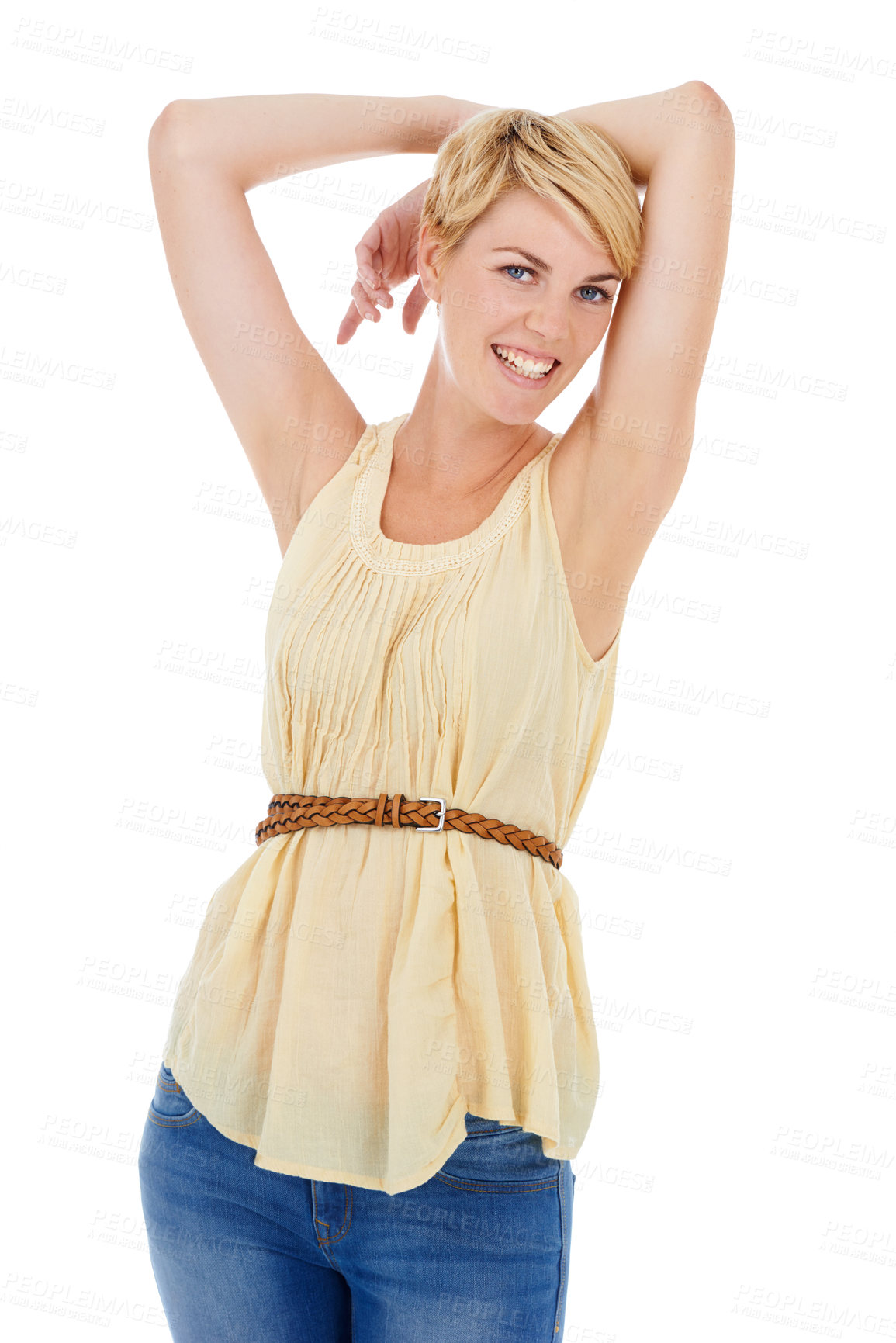 Buy stock photo Happy woman, portrait and relax in fashion, style or clothing isolated on a white studio background. Female person, model or blonde smile for freedom in stylish denim jeans or casual wear on mockup