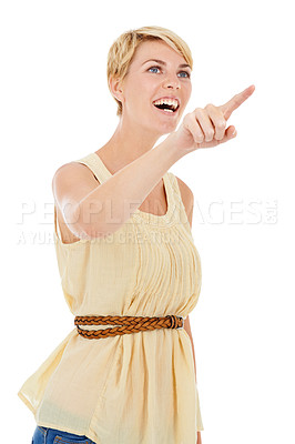 Buy stock photo Happy woman, pointing and surprise for choice, selection or pick on a white studio background. Face of young female person, model or blonde smile with finger for choosing or decision on mockup space