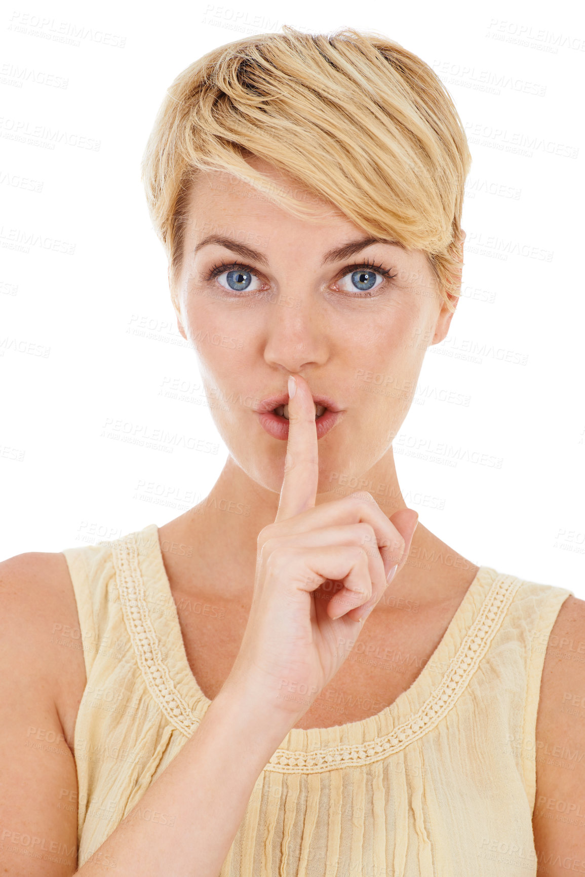 Buy stock photo Woman, portrait and finger on lips for secret, gossip or confidential information on a white studio background. Face of female person, model or blonde in silence for quiet, whisper or shush on mockup