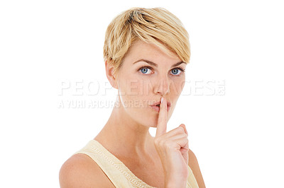 Buy stock photo Woman, portrait and secret with finger on lips for gossip or confidential on a white studio background. Face of female person, model or blonde in silence for quiet, whisper or shush on mockup space