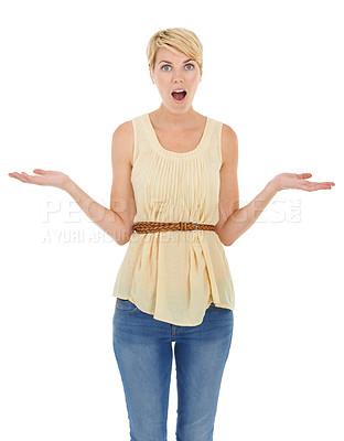 Buy stock photo Happy woman, surprise and hands out for choice, decision or selection on a white studio background. Portrait of female person, model or blonde in shock with palms for picking, question or choose