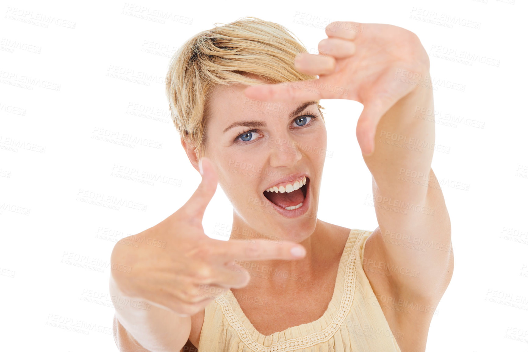Buy stock photo Happy woman, portrait and hands framing face for photography on a white studio background. Young female person or model smile and posing in frame for photo, picture or capture moment on mockup space