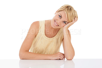 Buy stock photo Happy woman, portrait and relax on table in casual fashion isolated on a white studio background. Face of young female person, model or blonde smile in confidence or style for beauty on mockup space