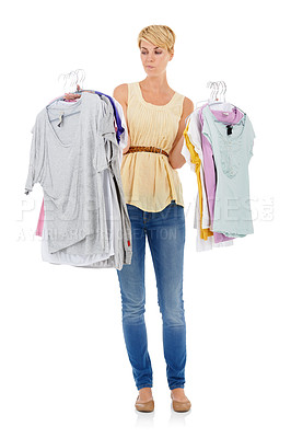 Buy stock photo Woman, fashion and thinking for choice of clothing in decision or selection on a white studio background. Female person, model or blonde in wonder or picking garment or outfit for style on mockup