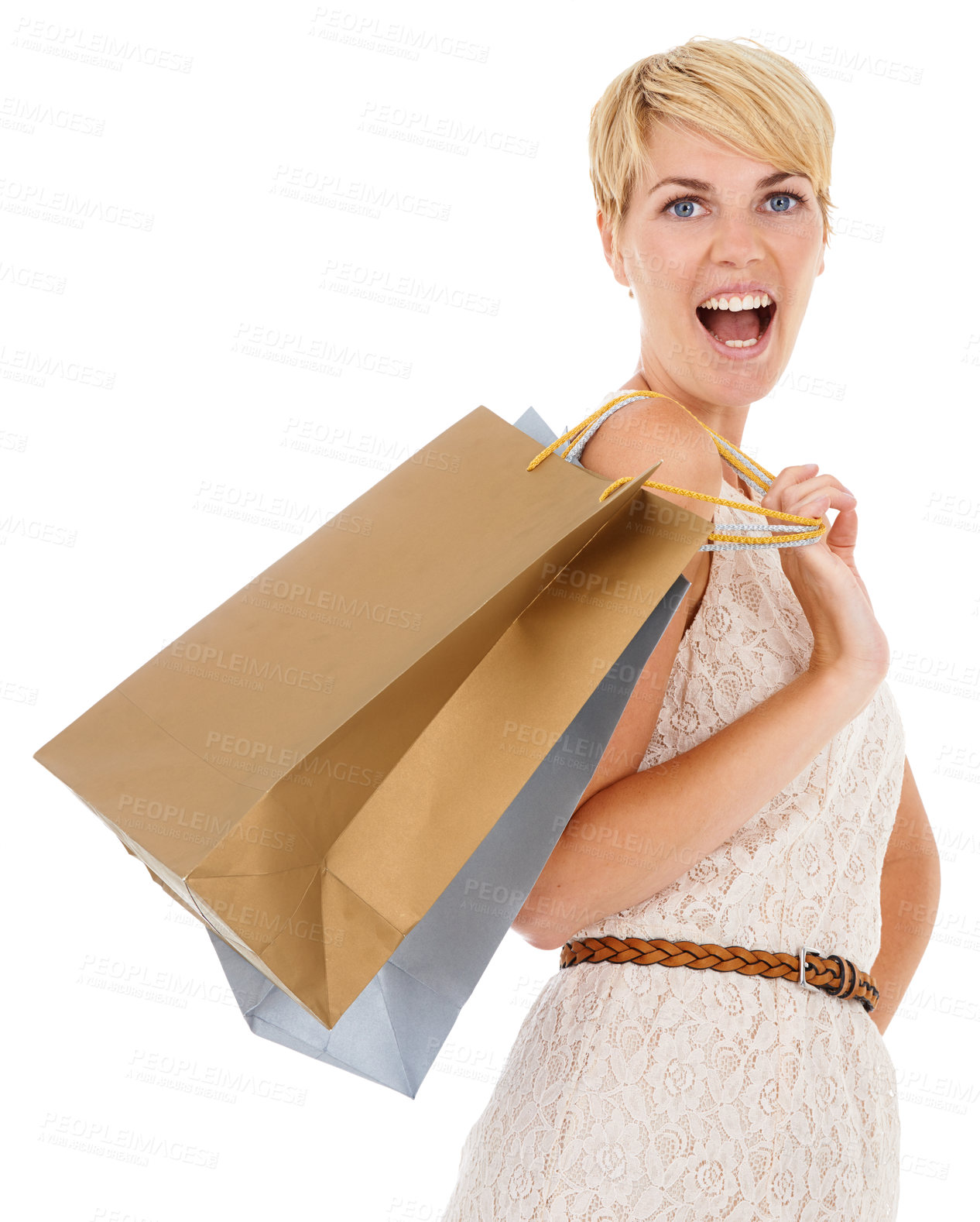 Buy stock photo Happy woman, portrait and shopping bag in fashion, purchase or buying on white studio background. Female person, shopper or excited smile with gift bags for deal, discount or clothing sale on mockup