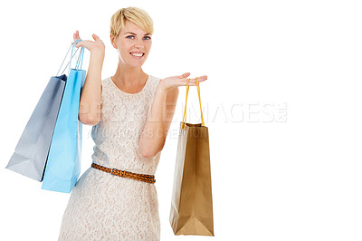 Buy stock photo Happy woman, portrait and bags for shopping fashion, purchase or buying on a white studio background. Female person, shopper or blonde smile with gift bag for deal, discount or sale on mockup space