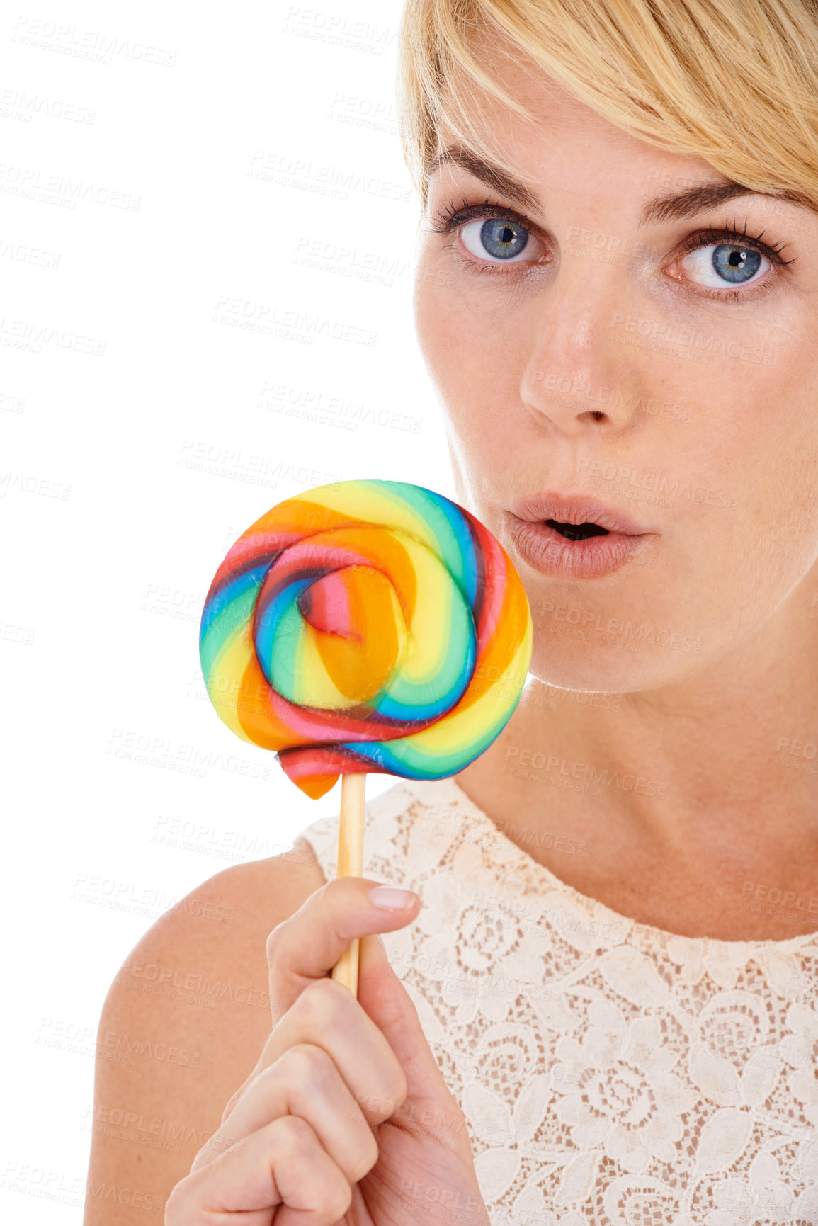 Buy stock photo Woman, portrait and lollipop in studio or candy snack on white background as sweet treat, dessert or party food. Female person, face and model for fun cane taste or happy, colorful swirl or unhealthy