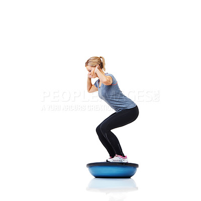 Buy stock photo Woman, profile and squat with workout, ball or balance for legs, muscle development or studio by white background. Person, exercise and training for strong healthy body for vision, wellness or health