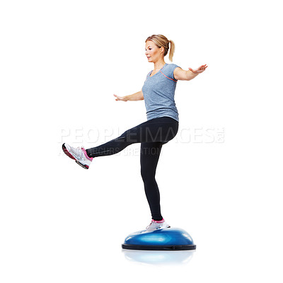 Buy stock photo Woman, bosu ball or leg balance in studio workout for development isolated on white background. Female athlete, training equipment or fitness for mockup space, body challenge or exercise for wellness