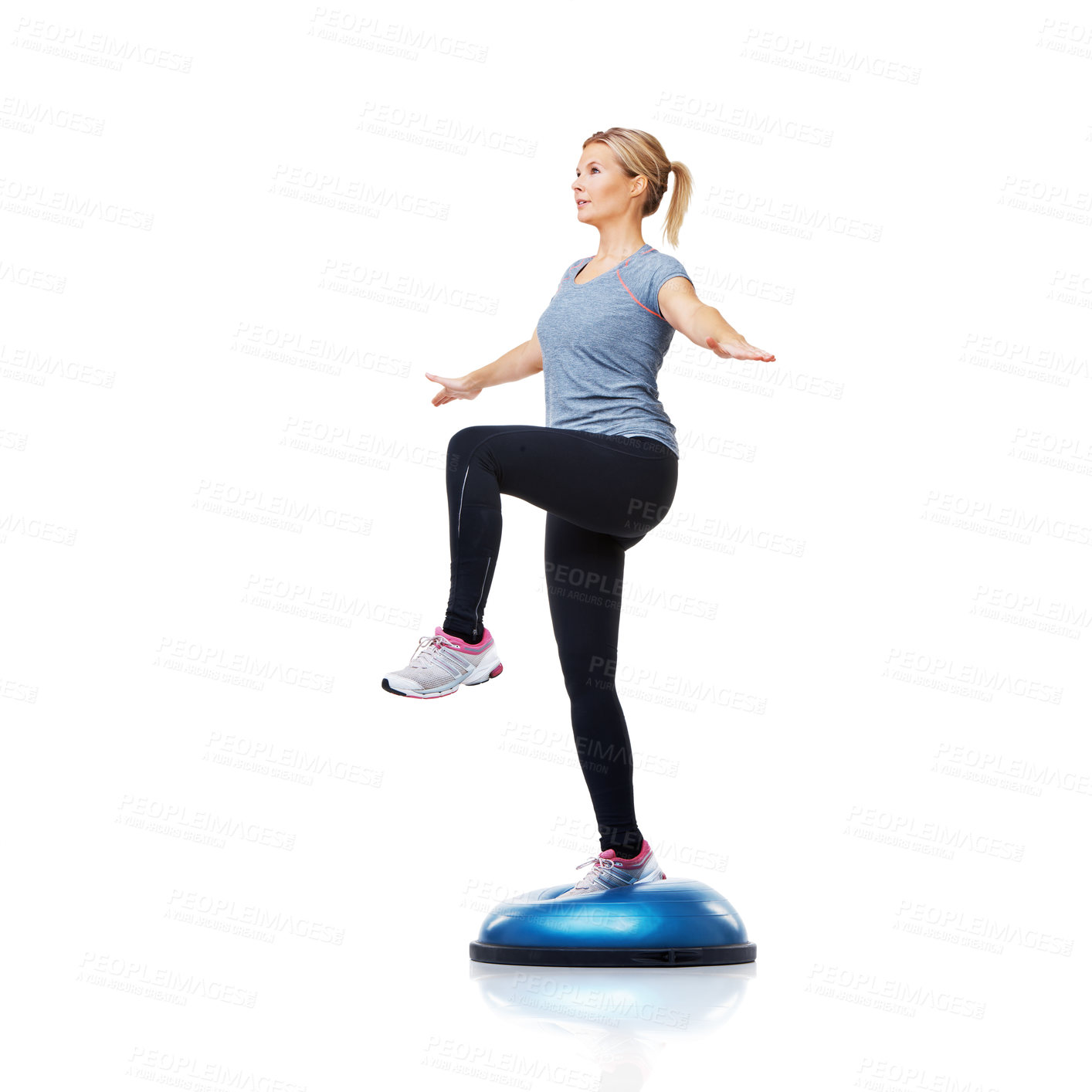 Buy stock photo Woman, bosu ball or leg balance in workout for development isolated on white background. Female athlete, training equipment or fitness for studio mockup space, body challenge or exercise for wellness