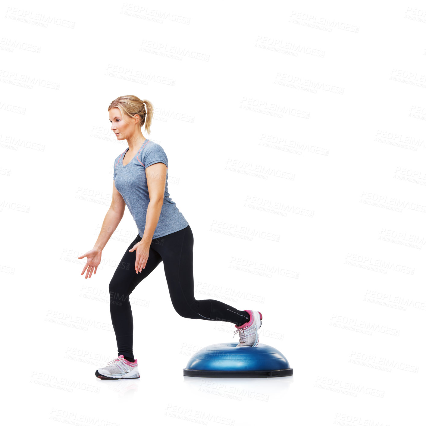 Buy stock photo Athlete, bosu ball or legs training in workout for body or core development isolated on white background. Woman, exercise equipment or fitness for studio mockup space, balance challenge or wellness 