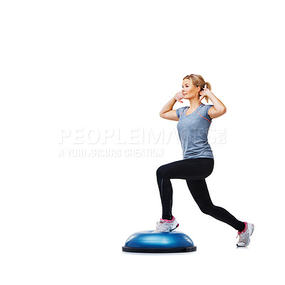 Buy stock photo Woman, profile and lunge for workout, ball or balance for legs, muscle development or studio by white background. Person, exercise and training with mock up space for vision, wellness or healthy body