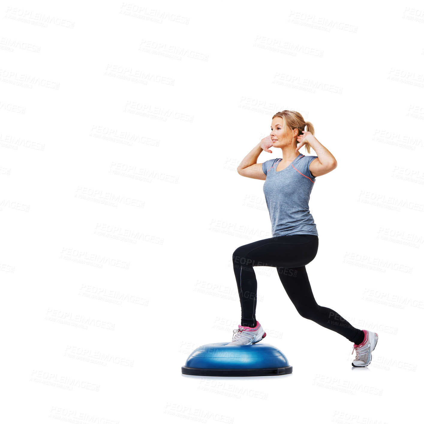 Buy stock photo Woman, profile and lunge for workout, ball or balance for legs, muscle development or studio by white background. Person, exercise and training with mock up space for vision, wellness or healthy body
