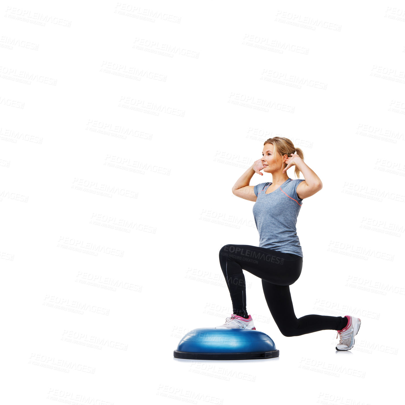 Buy stock photo Woman, studio and lunge for exercise, ball or balance for legs, muscle development or profile by white background. Person, workout and training with mock up space for vision, wellness or healthy body