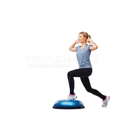 Buy stock photo Woman, studio and lunge for training, ball or balance for legs, muscle development or profile by white background. Person, workout and exercise with mock up space for vision, wellness or healthy body