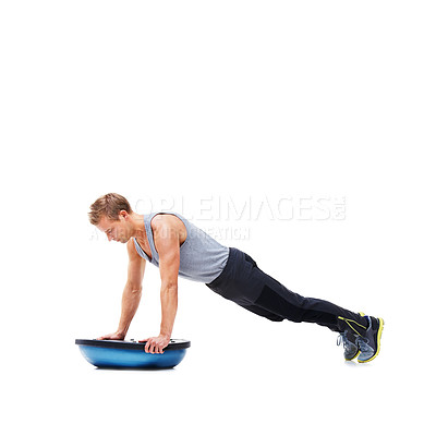 Buy stock photo Man, push up for exercise and balance, bosu ball for core training and muscle in workout on white background. Fitness equipment, strength and endurance with mockup space and strong athlete in studio