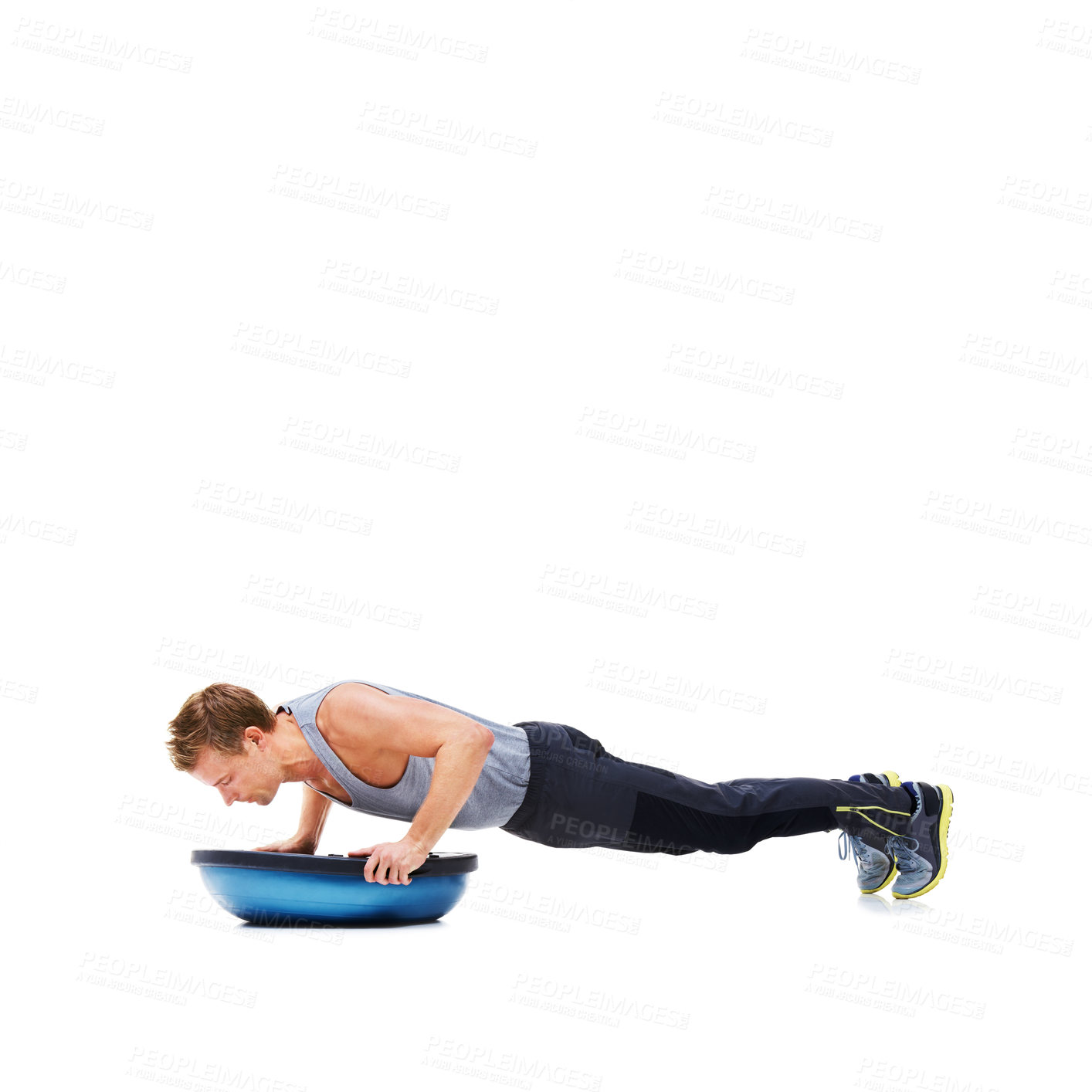 Buy stock photo Man, exercise and push ups with bosu ball for fitness, workout or training on a white studio background. Active male person lifting body weight for strength, muscle or strong arms on mockup space