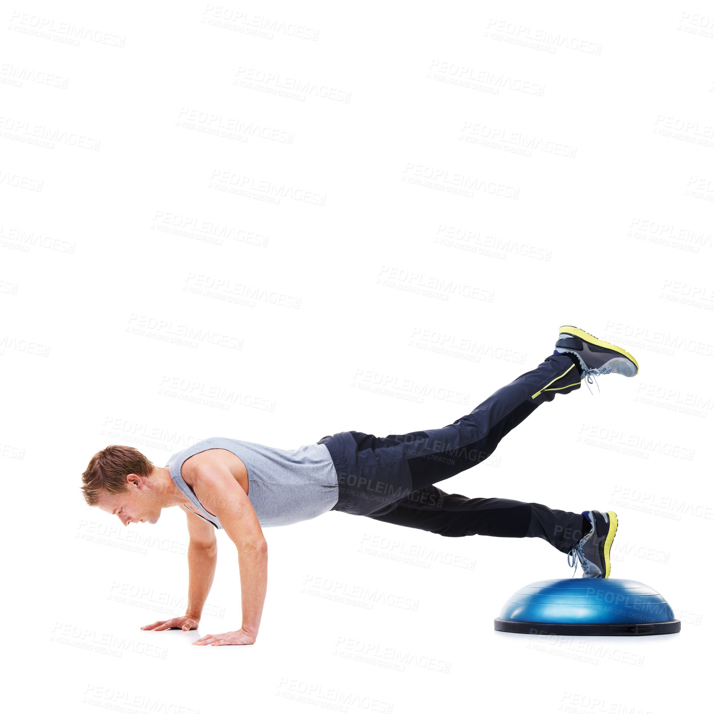 Buy stock photo Man, ball and push up or workout in studio, core strength and fitness challenge for wellness. Male person, athlete and equipment for training, healthy body and performance or exercise by mockup