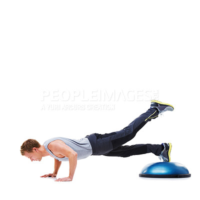 Buy stock photo Man, half ball and exercise or push up in studio, core strength and fitness challenge for wellness. Male person, athlete and equipment for training, healthy body and performance or workout by mockup